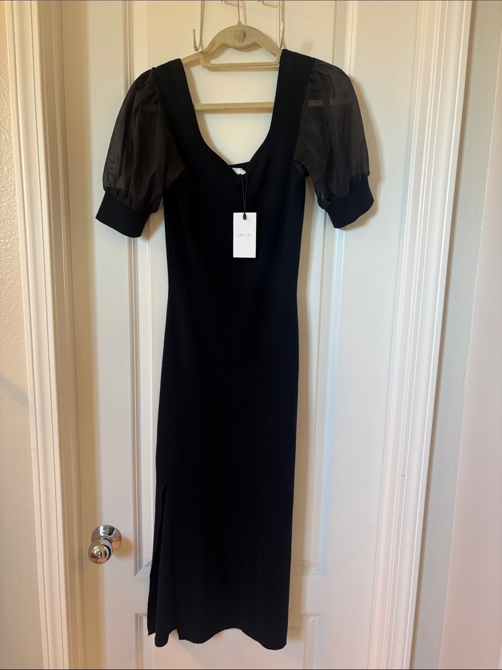 Greylin Black Dress with Sheer Puff Sleeves